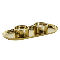 16" Gold Stainless Steel Metal Hammered Candle Holder with Oval Tray Plate