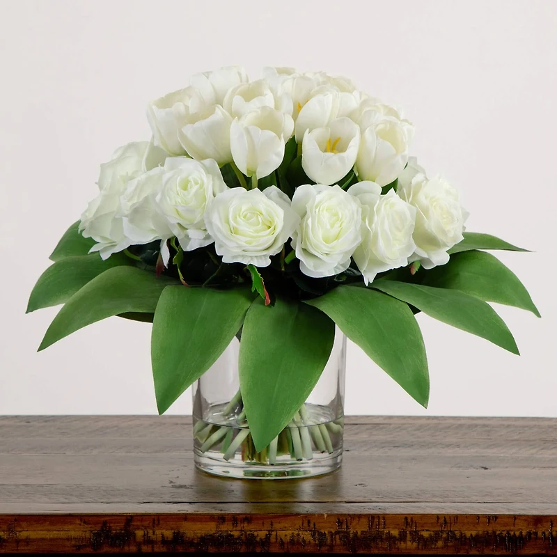 Wedding Collection 20in. Artificial Roses and Tulips Arrangement in Glass Vase