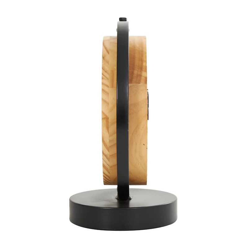 11" Light Brown Wood Clock with Curved Black Metal Stand & Base