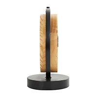 11" Light Brown Wood Clock with Curved Black Metal Stand & Base
