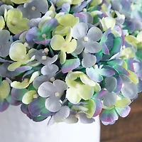 11" Hydrangea Arrangement in White Metal Vase