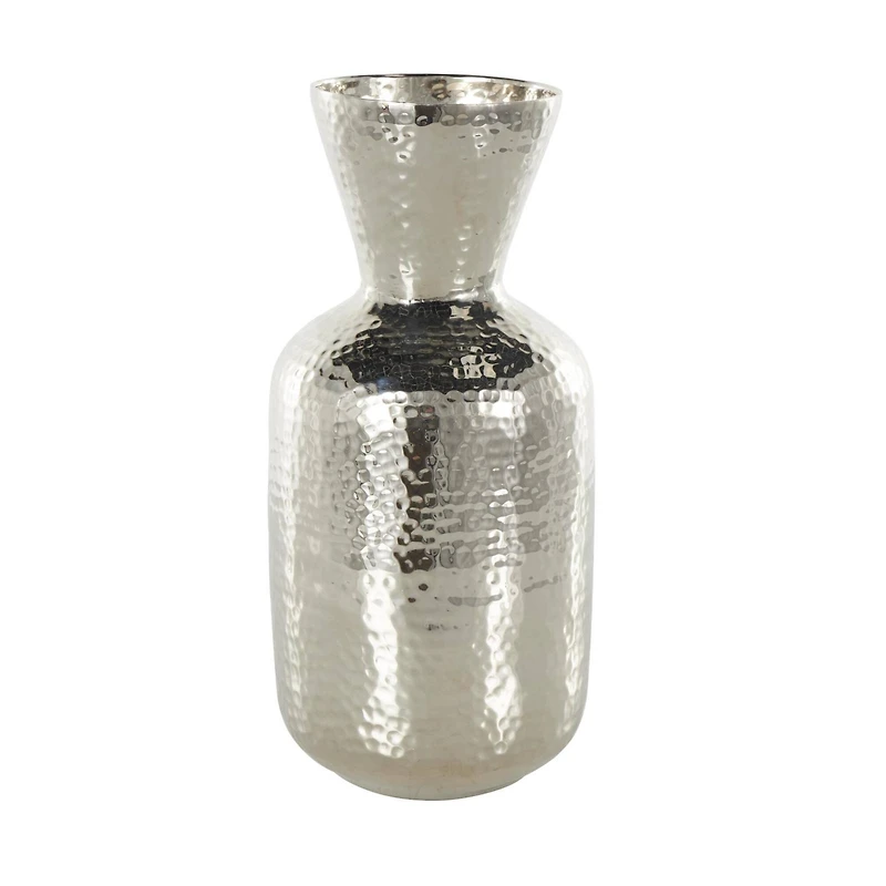 13" Silver Aluminum Metal Hammered Vase with Cone Shaped Opening