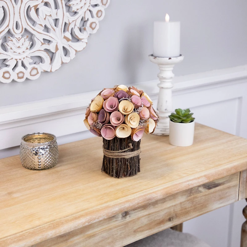 8.25" Pink & Yellow Wooden Artificial Floral Spring Bouquet