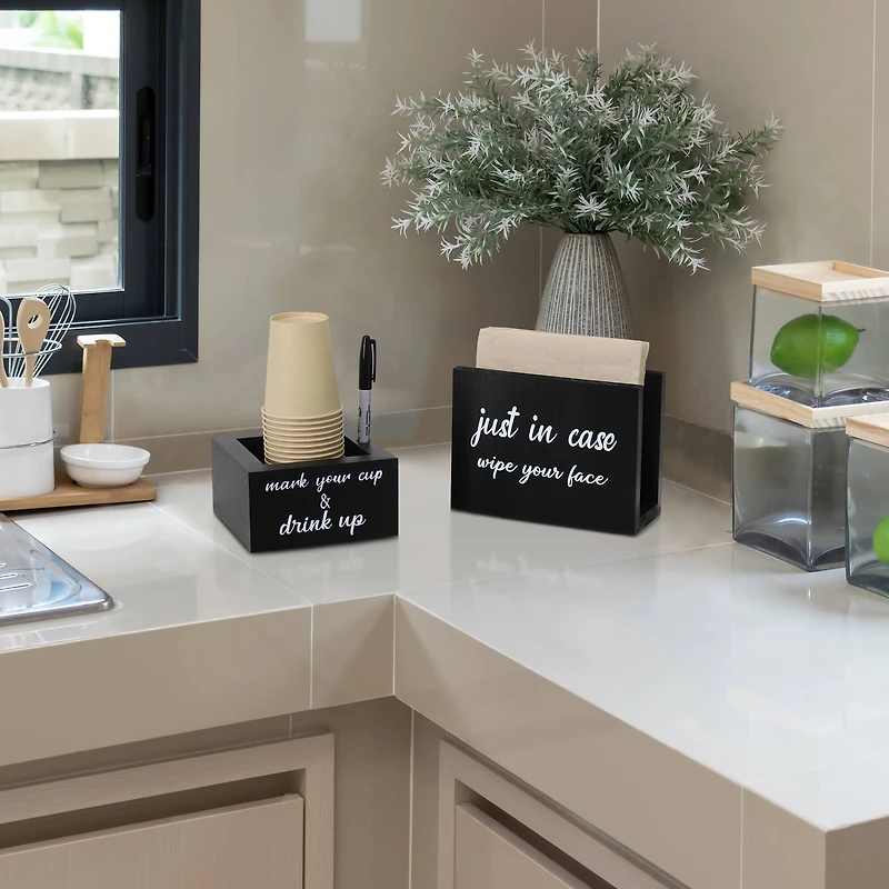 Elegant Designs™ Napkin Holder and Cup Holder Set with Black with White Script