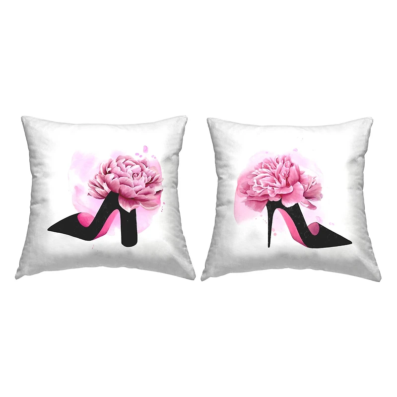 Stupell Industries Glam Fashion Heels Pink Black Flower Shoes 2 Pillows, Each 18" x 18"