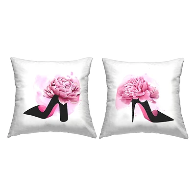 Stupell Industries Glam Fashion Heels Pink Black Flower Shoes 2 Pillows, Each 18" x 18"