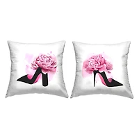 Stupell Industries Glam Fashion Heels Pink Black Flower Shoes 2 Pillows, Each 18" x 18"