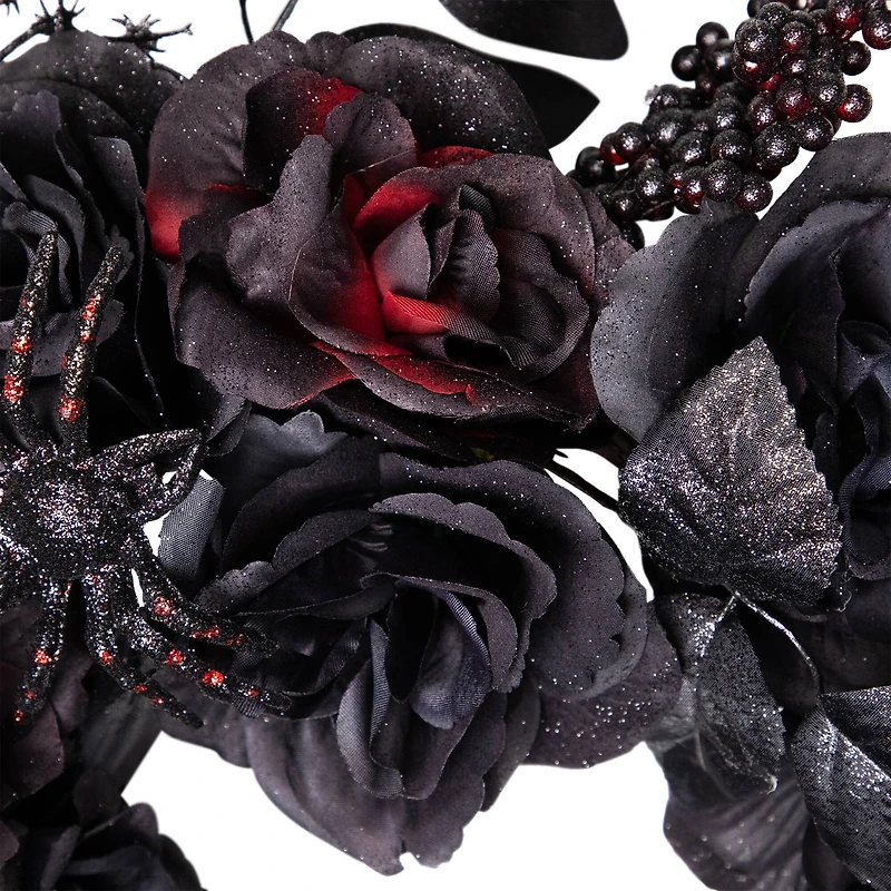 24" Burgundy & Black Roses with Spiders Halloween Wreath