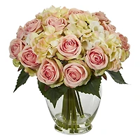 12" Pink & White Rose & Hydrangea Bouquet Arrangement in Glass Vase