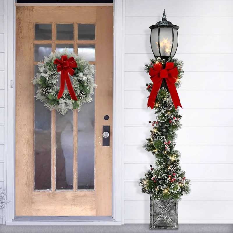 7ft. Pre-Lit Potted Lamp Post with Warm White LED Lights