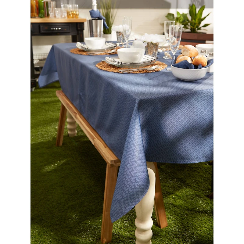 French Blue Tonal Lattice Print Outdoor Tablecloth 60" Round