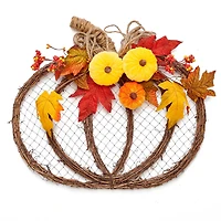 18" x 16" Flat Rattan Velvet Pumpkin Hanging Twig Decoration