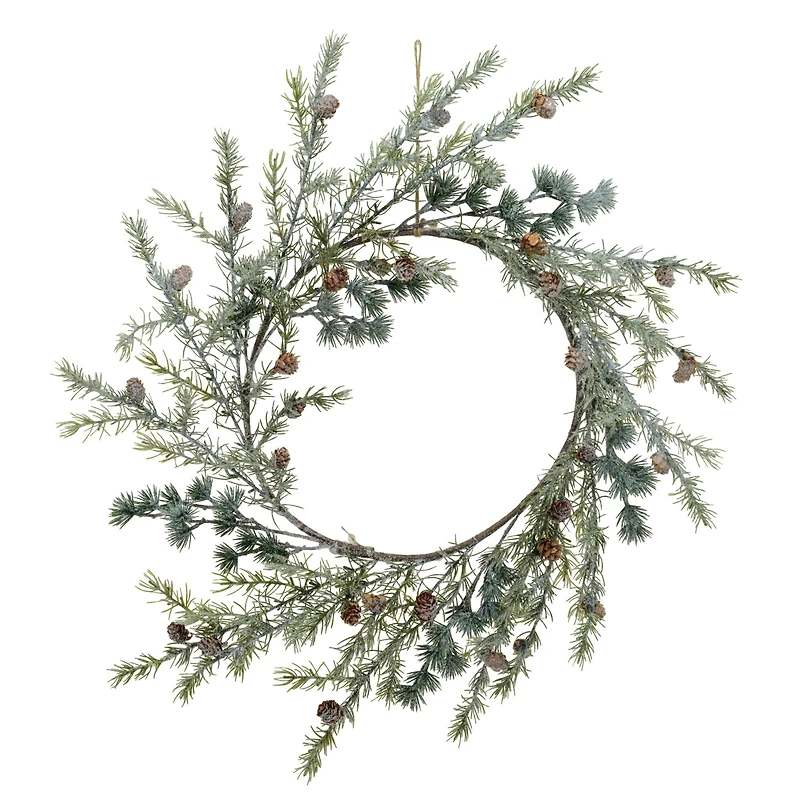 Hello Honey® 23.5" Green Round Faux Spruce Wreath with Natural Pinecones & Frost Finish