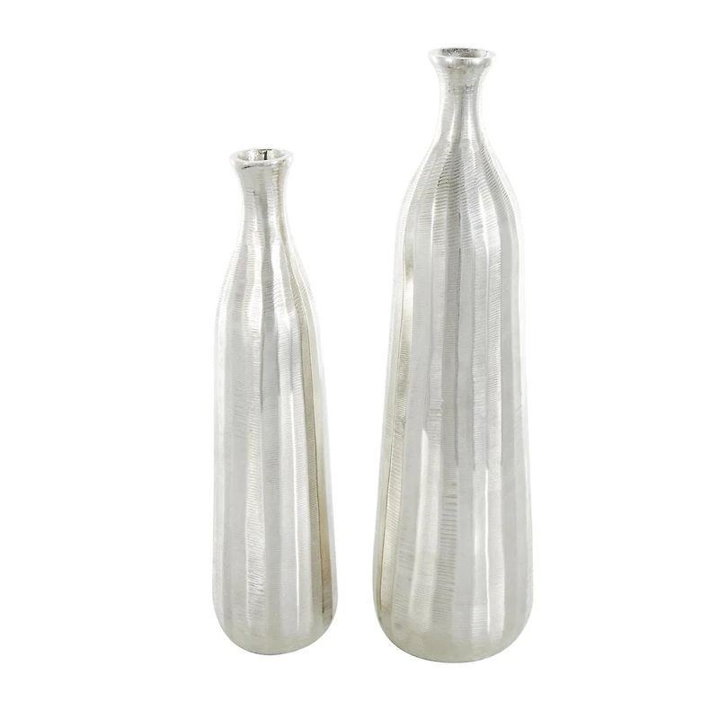 Silver Decorative Aluminum Vase Set with Wavy Accents & Textured Ridges