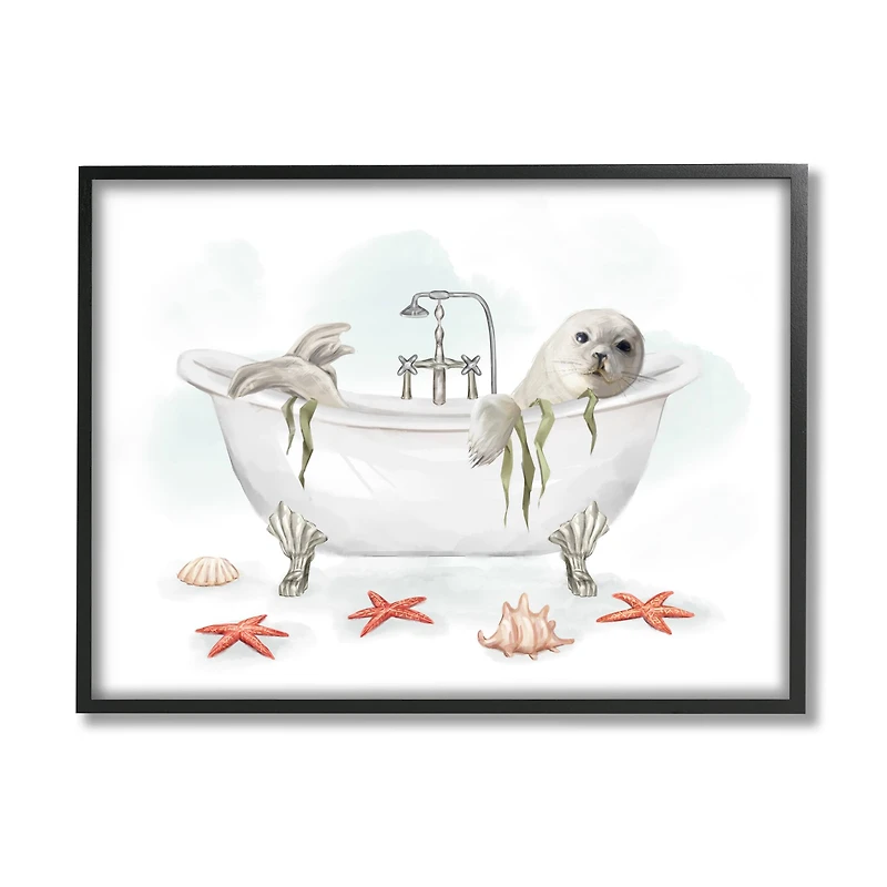 Stupell Industries White Harp Seal Ocean Inspired Bath Animal in Frame Wall Art