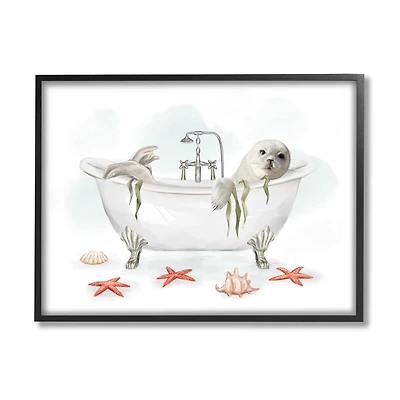 Stupell Industries White Harp Seal Ocean Inspired Bath Animal in Frame Wall Art