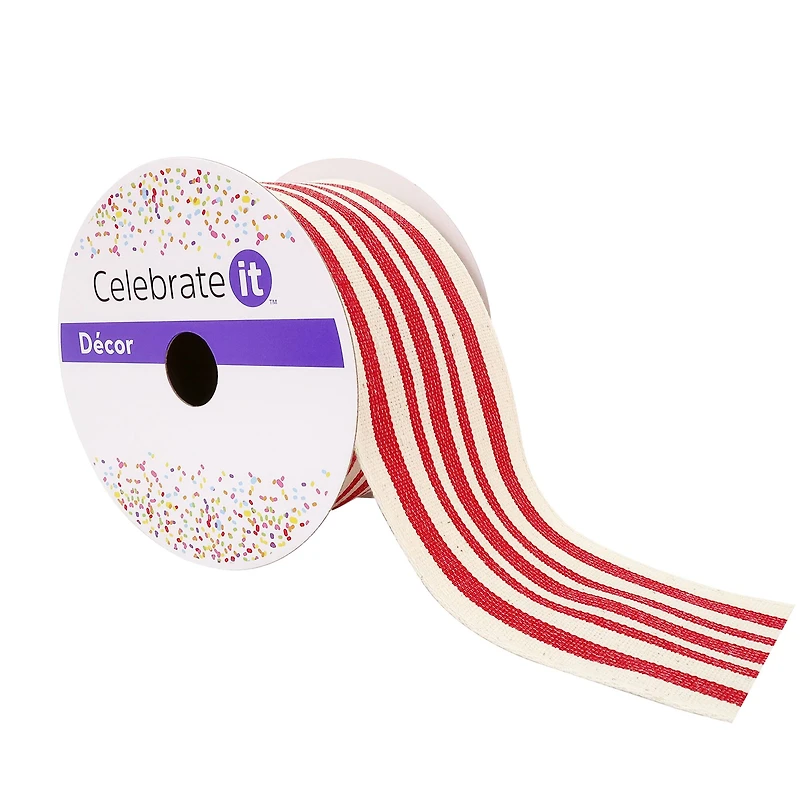 2.5" x 25ft. Red & Ivory Stripe Faux Cotton Wired Ribbon by Celebrate It™