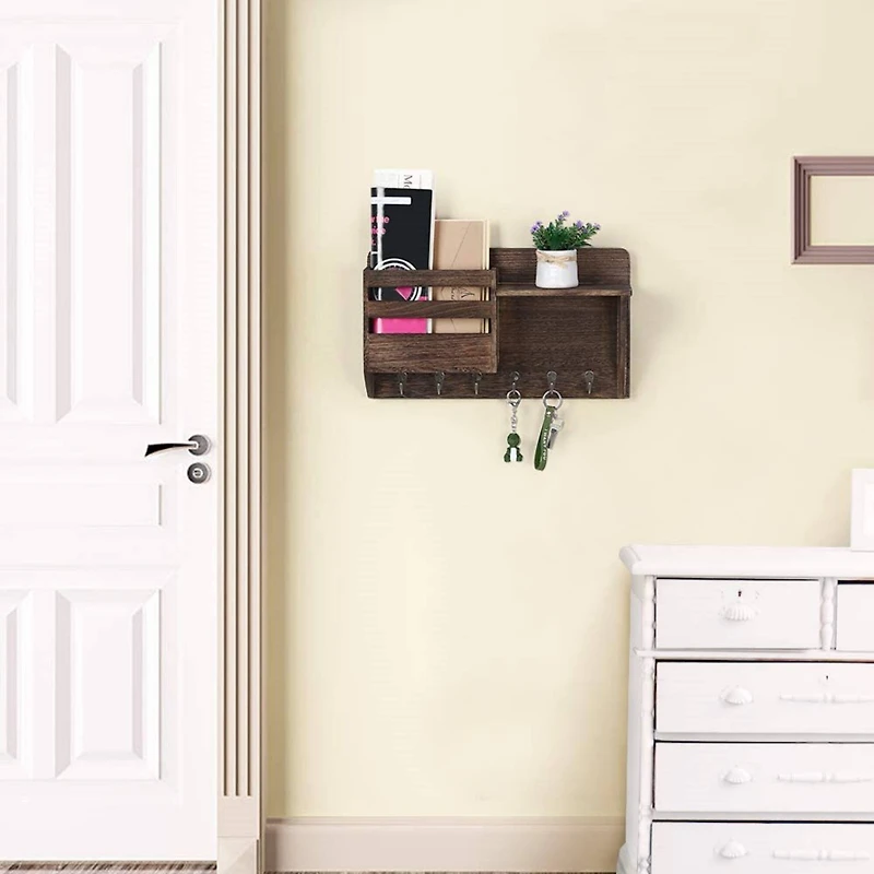 NEX™ 16" Brown Wall-Mounted Mail & Key Holder Organizer with 6 Key Hooks