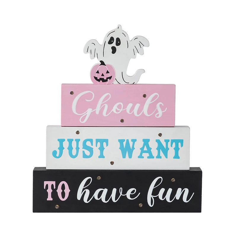 Glitzhome® 11.75"H Halloween Lighted Pink Wooden Ghost Block Word Sign