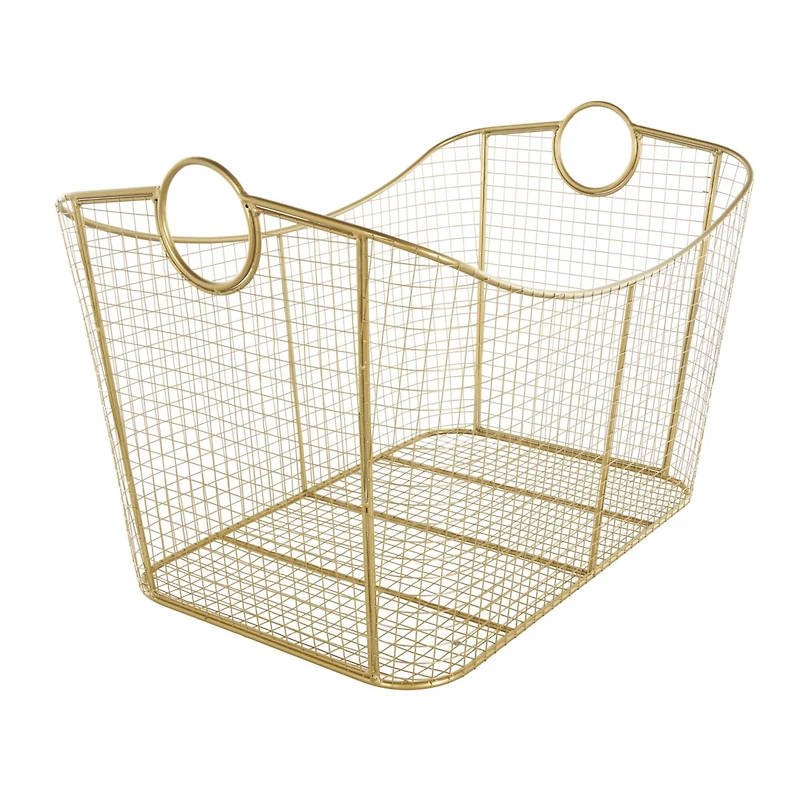 30.25" Gold Metal Geometric Wire Grid Basket with Curved Sides & Ring Handles