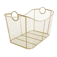 30.25" Gold Metal Geometric Wire Grid Basket with Curved Sides & Ring Handles