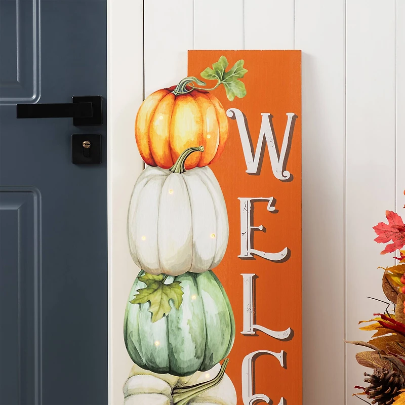 Glitzhome® 42" Lighted Fall Wood Stacked Pumpkins Welcome Porch Sign with Timer