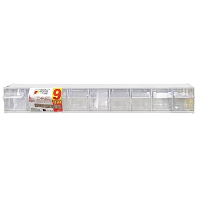 Quantum Storage Systems® 3.125" x 23.625" White 9 Compartment Storage Box with Clear Tip Out Bins