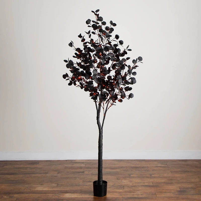 7ft. Pre-Lit Artificial Halloween Black Eucalyptus Tree with 420 Orange & Purple LED Lights