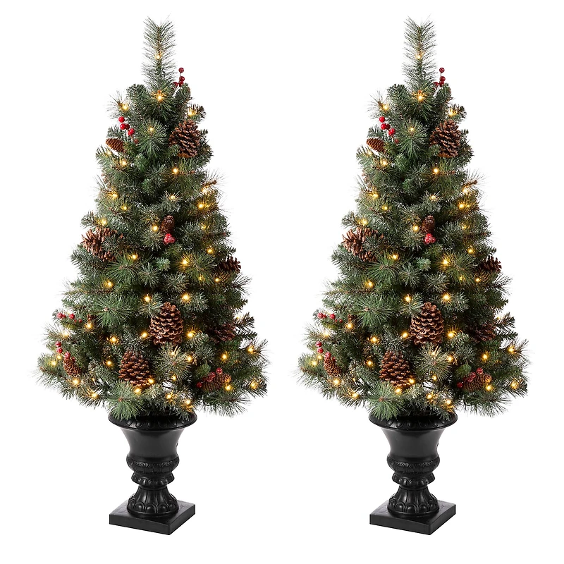 2 Pack 4ft. Pre-Lit Flocked Pinecone & Berry Fir Artificial Christmas Tree in Planter, Warm White Lights