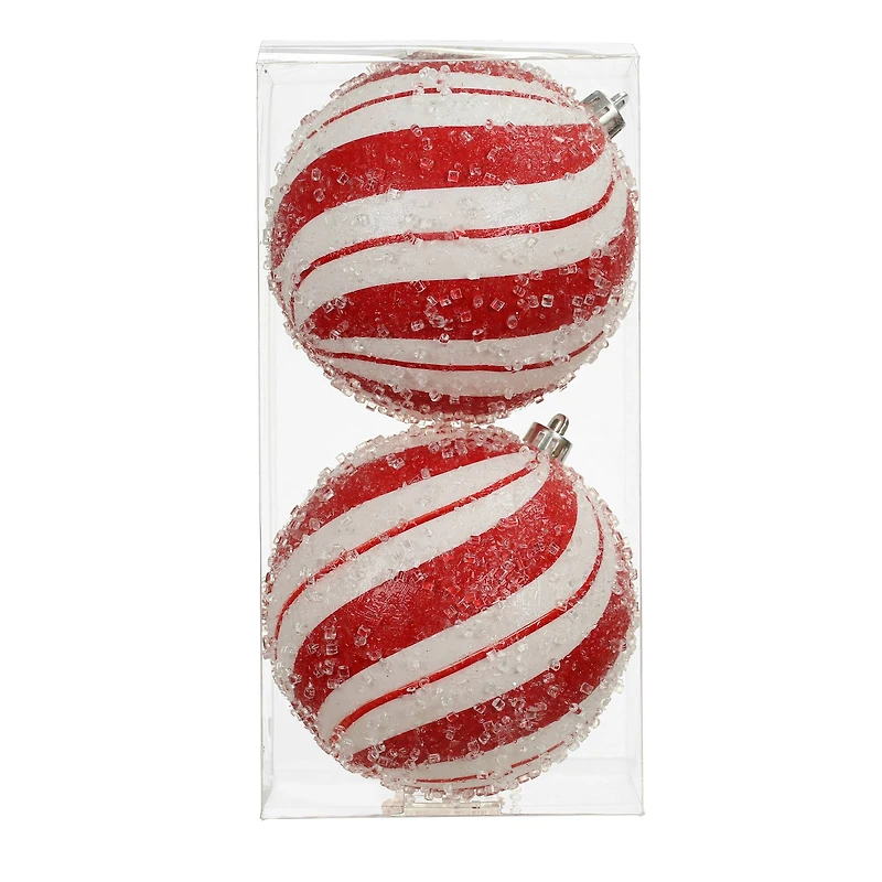 2 Pack 4.7" Red & White Peppermint Stripes Shatterproof Ball Ornaments by Ashland®