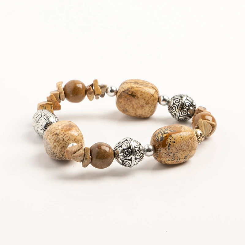 John Bead Brown Jasper Stretch Bracelet with Silver Filigree Beads