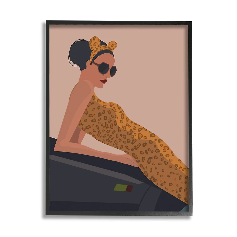 Stupell Industries Fashion Trend Woman Cheetah Print Dress Sports Car Framed Wall Art