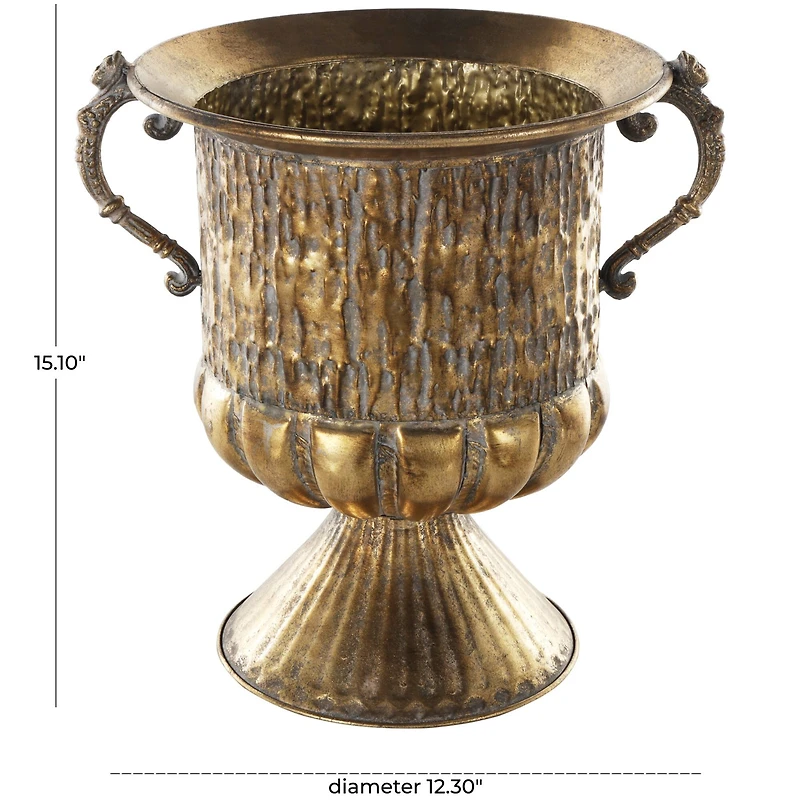 15" Gold Metal Urn Shaped Vase with Hammered Details