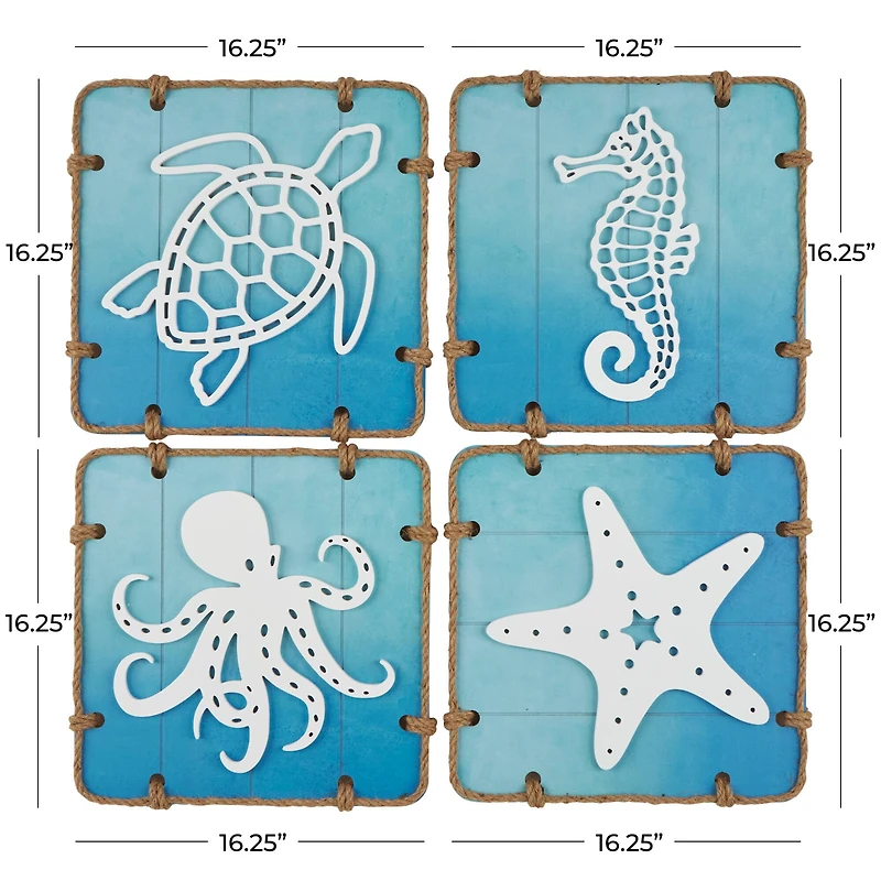 16" x 16" Blue Wooden Sea Life Ombre Wall Decor with Rope Accents Set