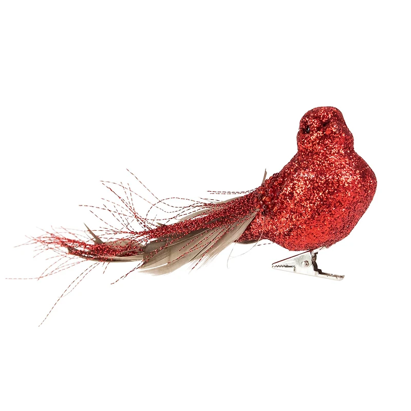 Glittered Bird with Feather Tail Christmas Clip Ornament - 7" - Red