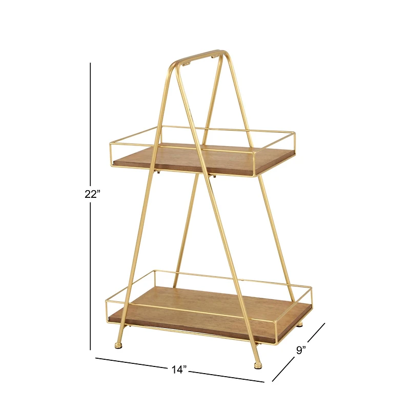 22" Brown Wood & Iron 2-Tier Tray Stand
