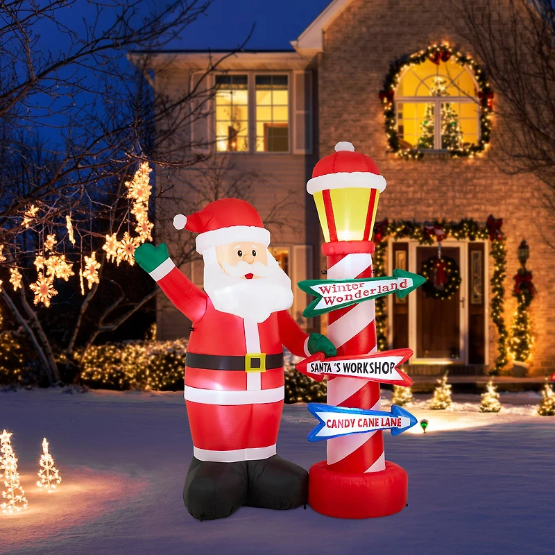 Glitzhome® 7FT Lighted Inflatable Santa with Lamp Post Sign Decor