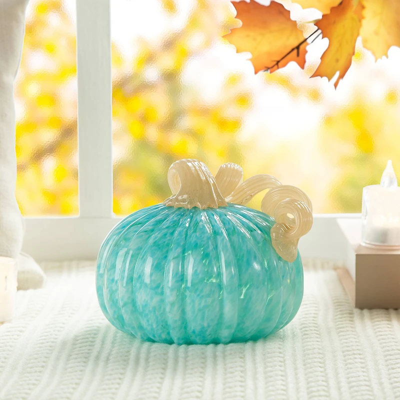 Glitzhome® 6" Fall Turquoise Round Glass Pumpkin