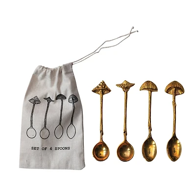 Hello Honey 4-Piece Brass Spoons with Mushroom Handles, Gold
