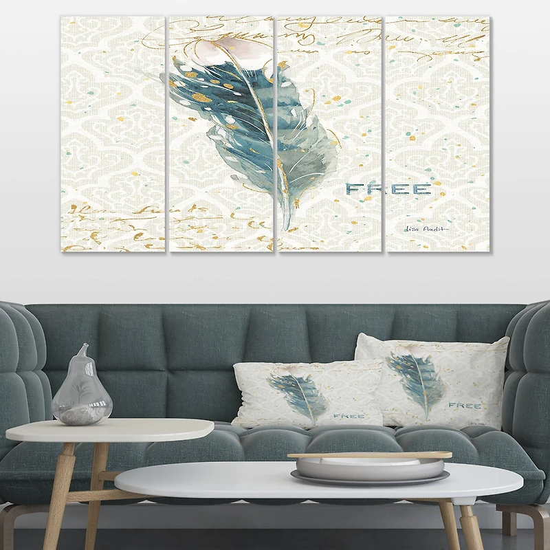 Designart - Damask Painted Gilded Feather on Blue