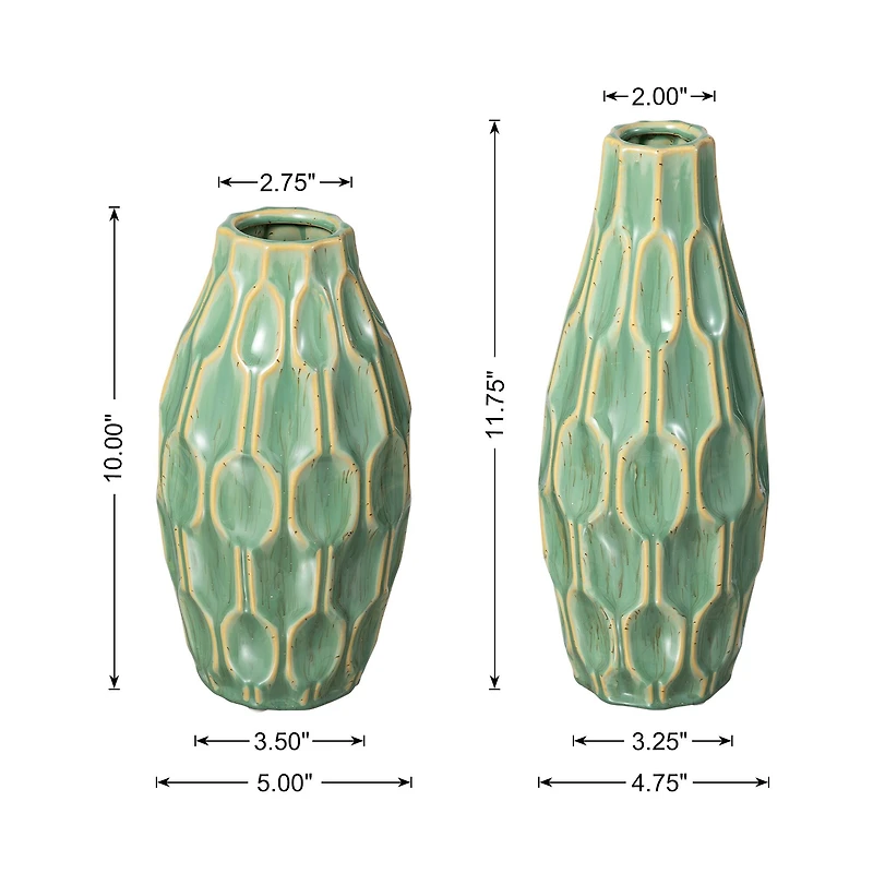 Glitzhome® Geometric Green Ceramic Modern Vase Set