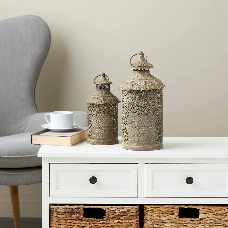 Brown Ornate Scroll Metal Candle Lantern Set