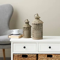 Brown Ornate Scroll Metal Candle Lantern Set