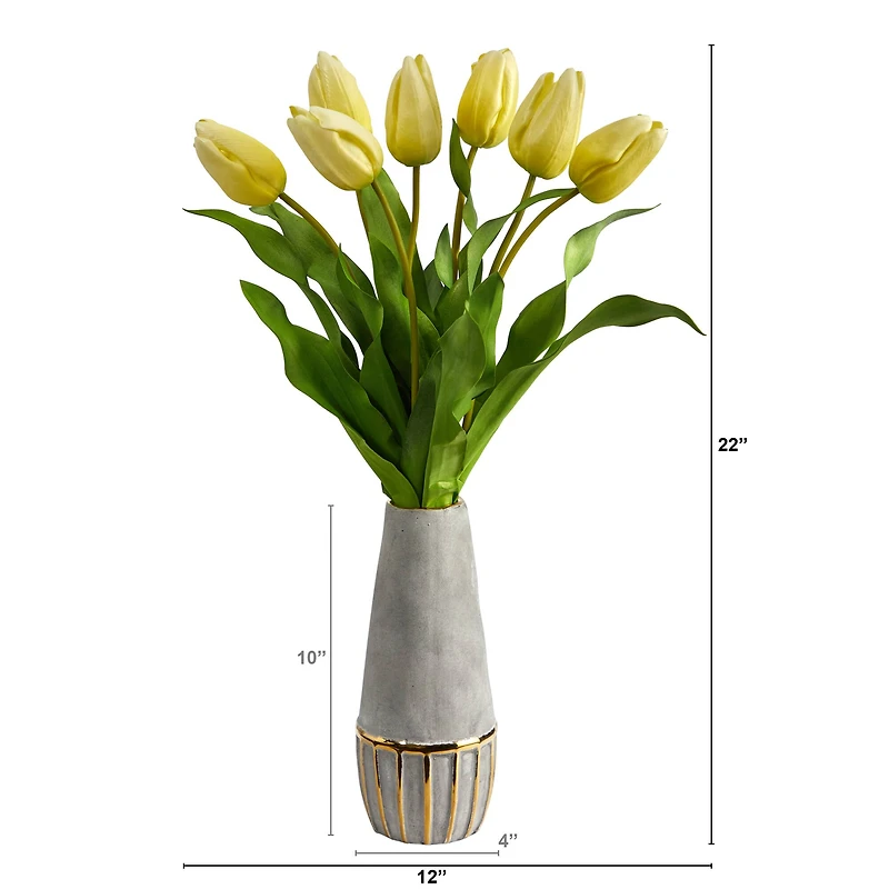 22" Yellow Dutch Tulip Arrangement in Gold Trim Stoneware Vase