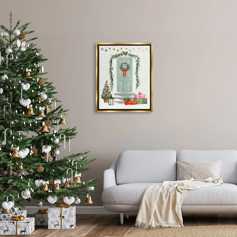 Stupell Industries Christmas Presents Wreath Doorstep Framed Floater Canvas Wall Art