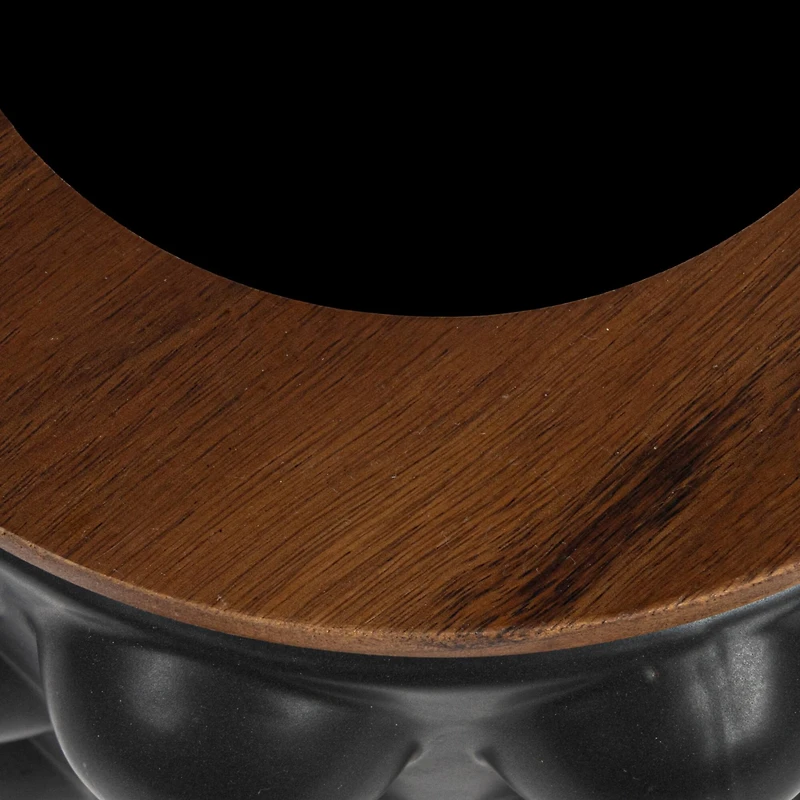 Hello Honey® 10" Round Matte Black Stoneware Waste Bins with Raised Dots & Removable Natural Acacia Wood Rim, 2ct.