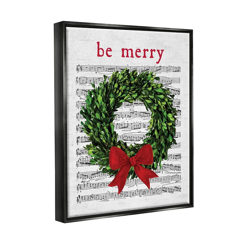 Stupell Industries Be Merry Holiday Music Wreath Framed Floater Canvas Wall Art