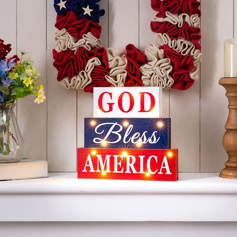 Glitzhome® 12" LED Wooden Patriotic Block Sign