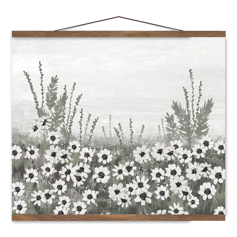 Moody Floral Daisy Field Teak Hanging Canvas