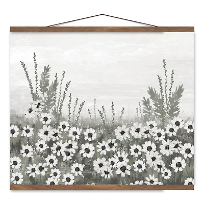 Moody Floral Daisy Field Teak Hanging Canvas